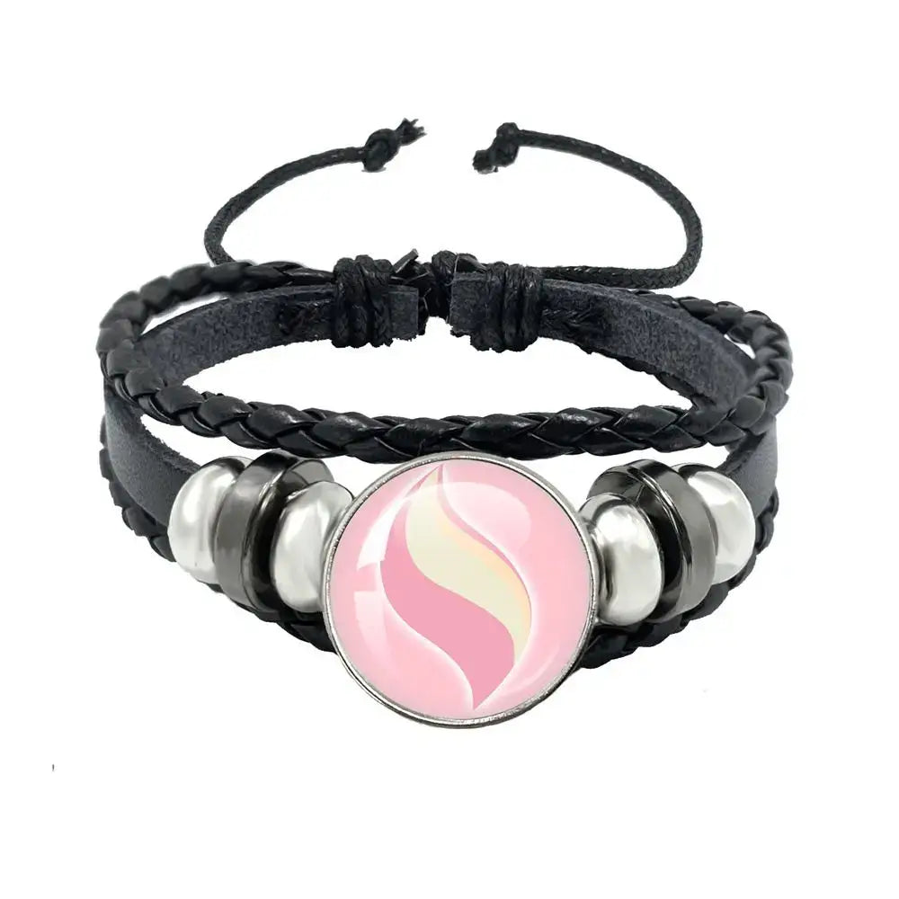 Pokemon mega stone keychain with black leather rope bracelet featuring pink white swirl glass charm and silver beads