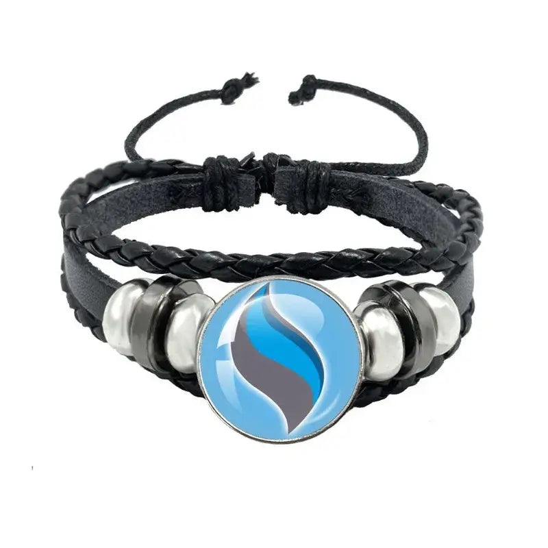 Black braided leather bracelet with silver beads and blue gray emblem on a pokemon mega stone keychain leather rope