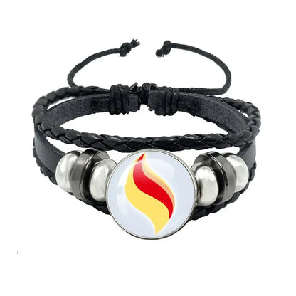 Pokemon mega stone keychain 10cm black leather rope bracelet with braided black leather and flame charm with metallic beads