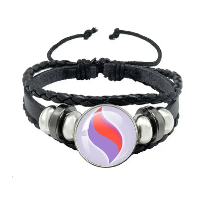 Pokemon mega stone keychain with black braided leather rope and central purple red swirl charm flanked by silver beads