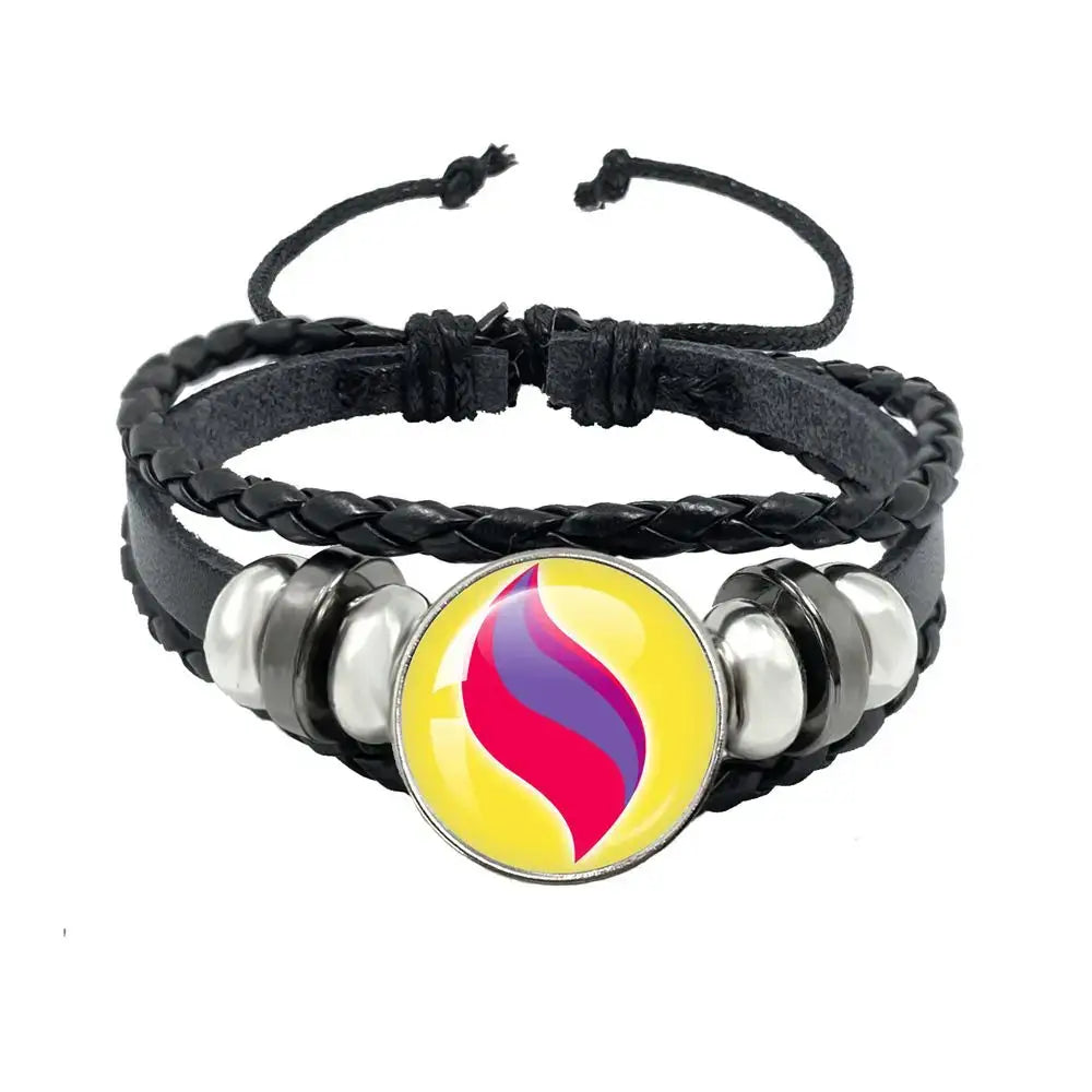 Pokemon mega stone keychain with black braided leather rope and central charm featuring yellow red and purple flames
