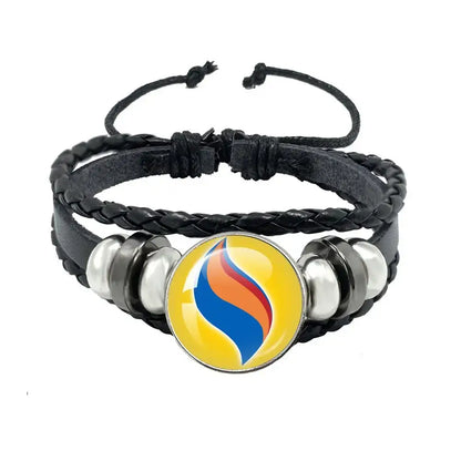 Pokemon mega stone keychain with black leather rope bracelet featuring a circular charm with colorful flame design