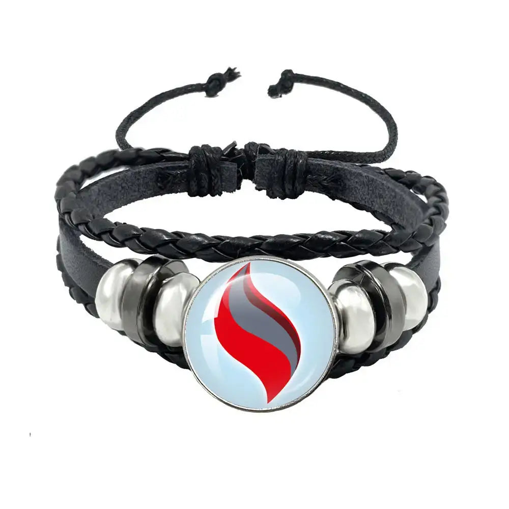 Pokemon mega stone keychain with black leather rope bracelet featuring a red and gray flame charm and silver beads