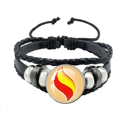 Pokemon mega stone keychain with black leather rope bracelet featuring a flame charm and silver-toned beads