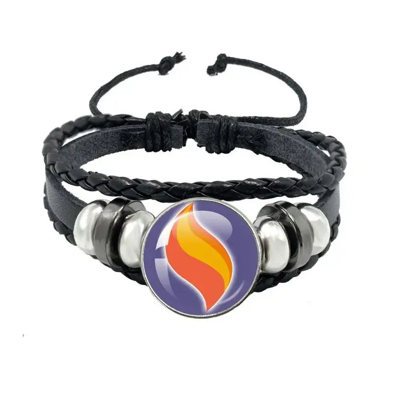 Black leather rope bracelet with braided design and central flame charm on purple background with silver-toned beads