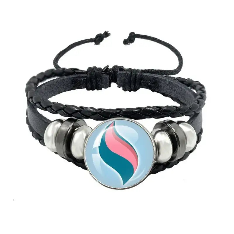 Pokemon mega stone keychain with black leather rope, braided leather bracelet, silver beads, and colorful flame charm