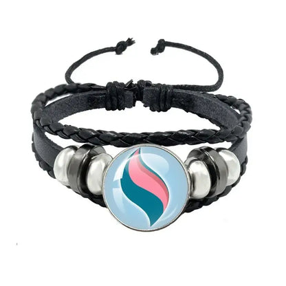 Pokemon mega stone keychain with black leather rope, braided leather bracelet, silver beads, and colorful flame charm
