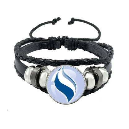 Pokemon mega stone keychain with black leather rope bracelet featuring a blue and white flame logo charm and silver beads