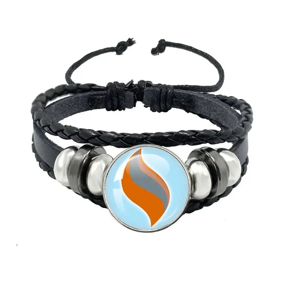 Pokemon mega stone keychain featuring black leather rope bracelet with circular orange gray flame charm and silver beads