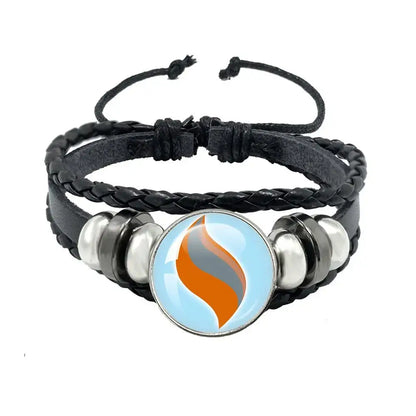 Pokemon mega stone keychain featuring black leather rope bracelet with circular orange gray flame charm and silver beads