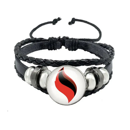 Pokemon mega stone keychain with black leather rope featuring a braided bracelet and red black flame charm with silver beads