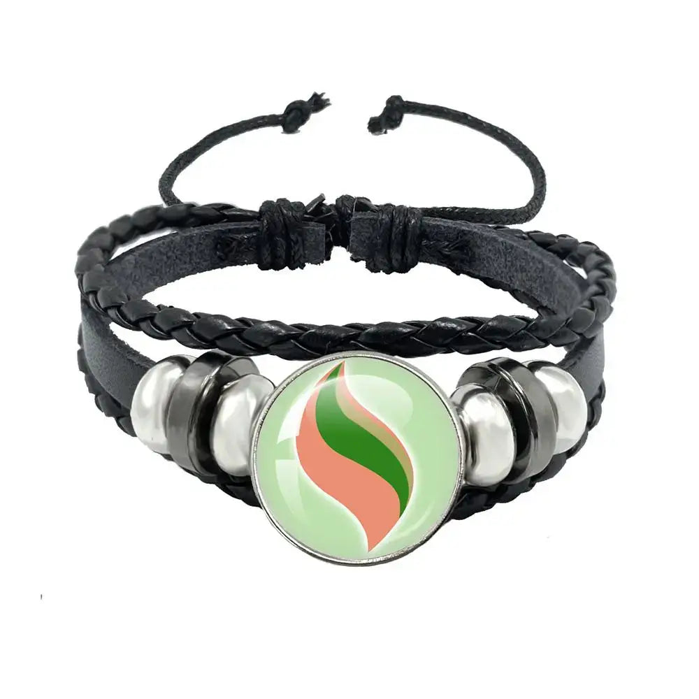 Black braided leather rope bracelet with central green and orange flame charm and silver-toned metallic beads
