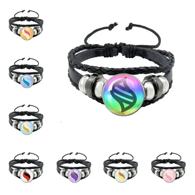 Black leather rope bracelet with silver beads and iridescent pokémon league charm for pokemon mega stone keychain