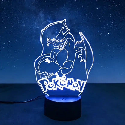 Pokemon pikachu 3d led lamp with blue-lit acrylic charizard design featuring pokemon logo and touch button night light