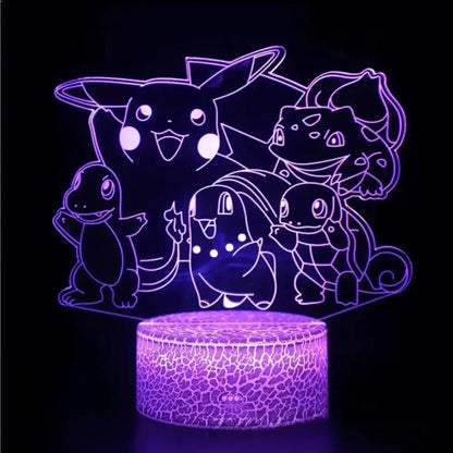 Pokemon pikachu 3d led lamp glowing purple night light with illuminated pokémon outlines and touch button control
