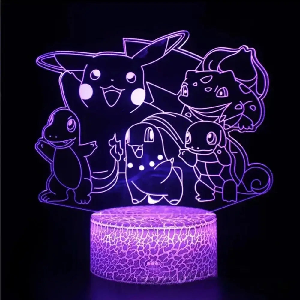 Pokemon pikachu 3d led lamp night light with purple glowing laser-engraved acrylic outlines of pokémon characters