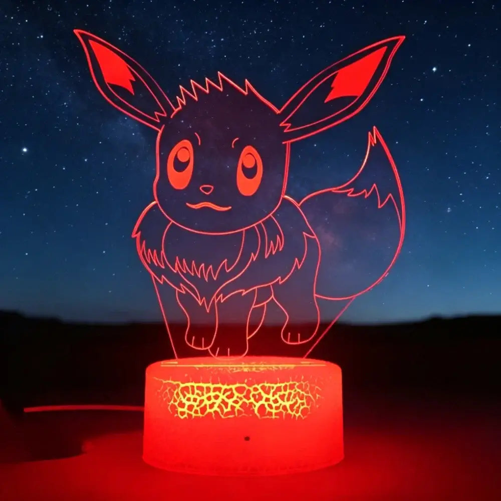 Red glowing eevee night light with laser-engraved acrylic and crackled lava pattern base for anime decor