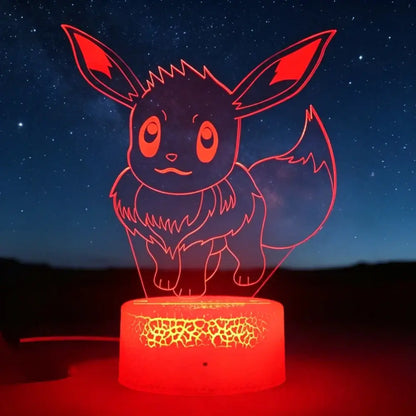 Red glowing eevee night light with laser-engraved acrylic and crackled lava pattern base for anime decor