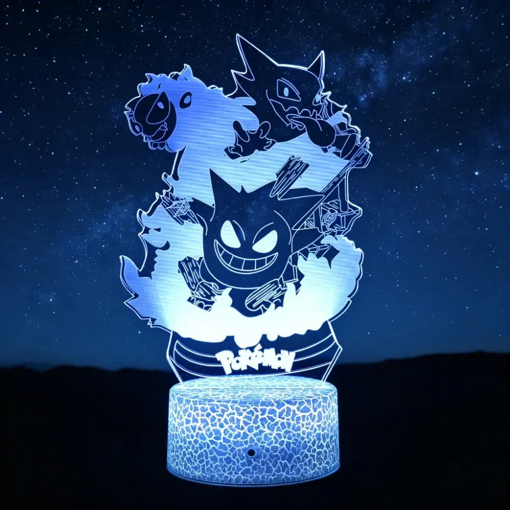 Pokemon pikachu 3d led night light with blue illumination laser-engraved acrylic and crackled textured base