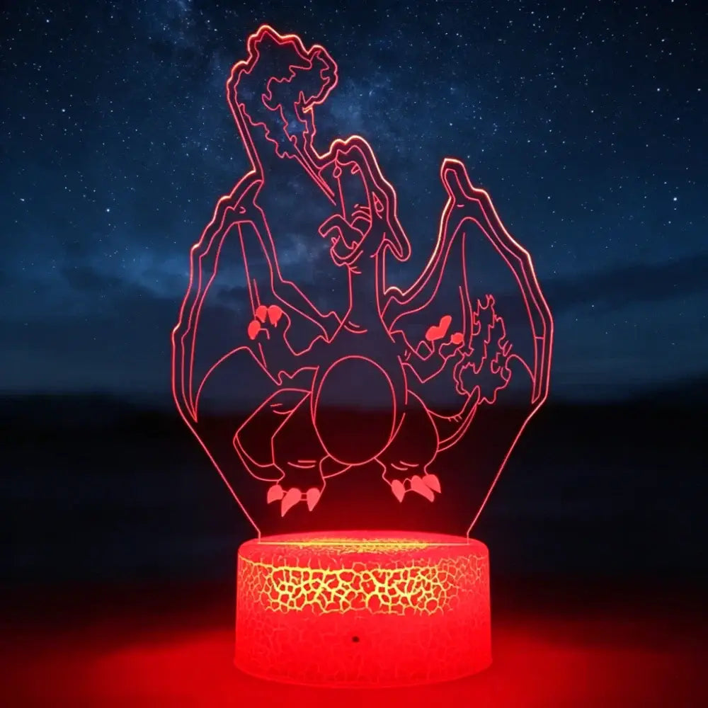 Pokemon pikachu 3d led night light with glowing red charizard design and laser-engraved acrylic lava base night light