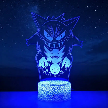 Pokemon pikachu 3d led night light with blue-lit laser-engraved acrylic gengar design and crackled base