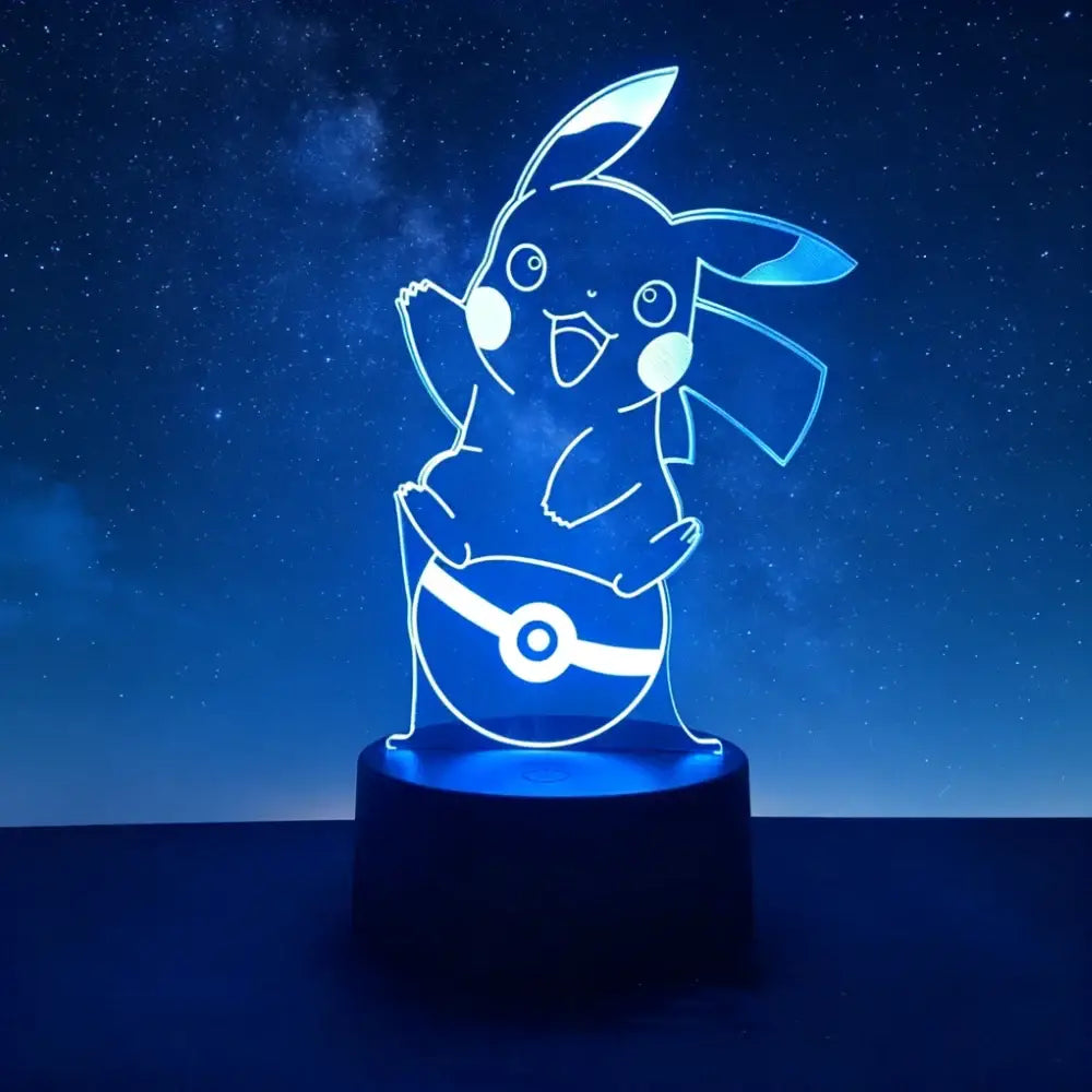 Pokemon pikachu 3d led night light with blue glowing laser-engraved acrylic and poké ball base for anime decor