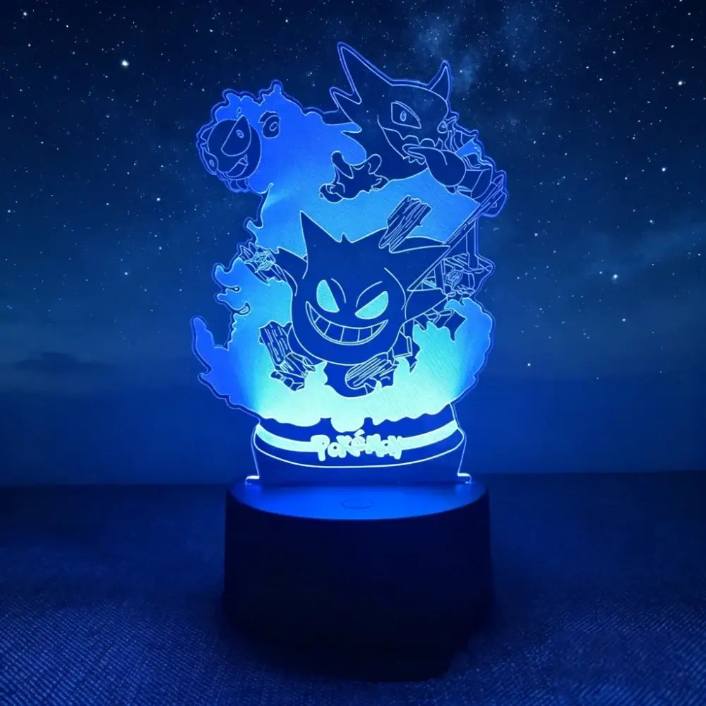Blue illuminated pokemon pikachu 3d led night light with laser-engraved acrylic featuring gengar and haunter characters