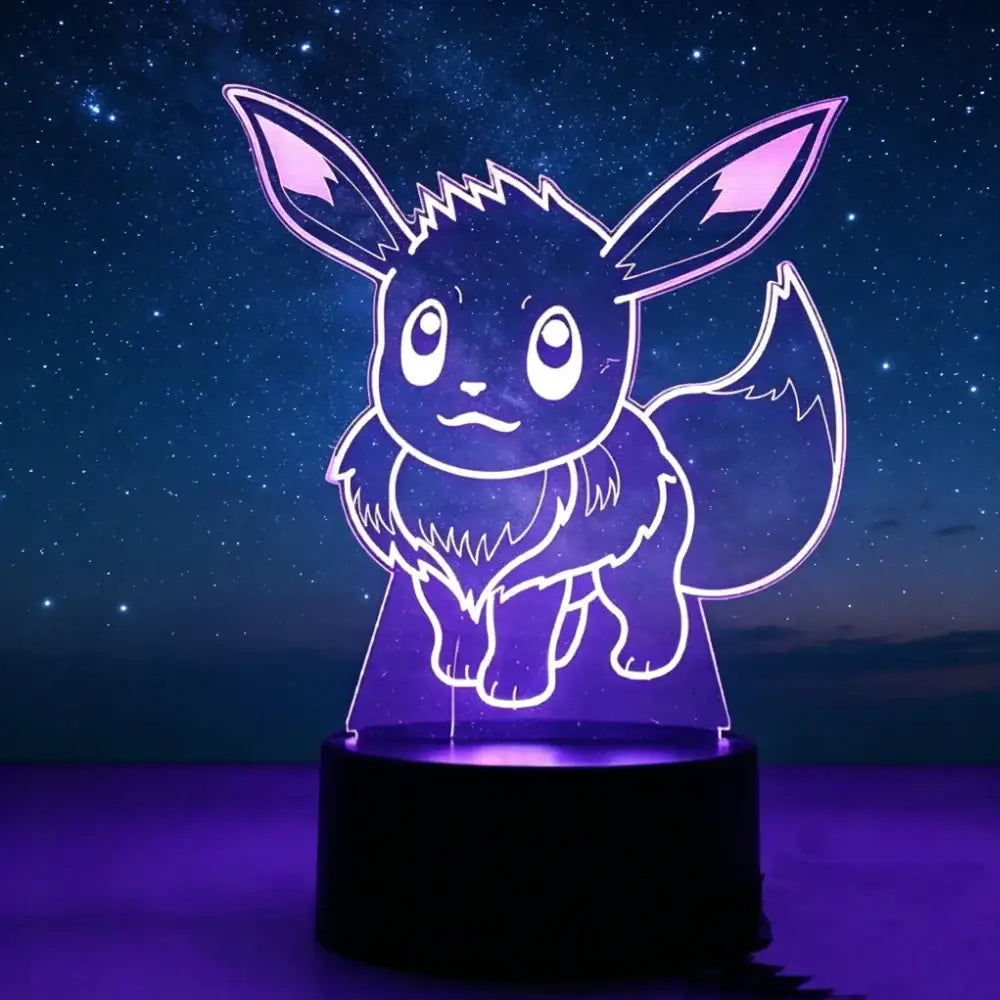 Purple glowing eevee 3d led night light with laser-engraved acrylic and black base for anime decor and night light use