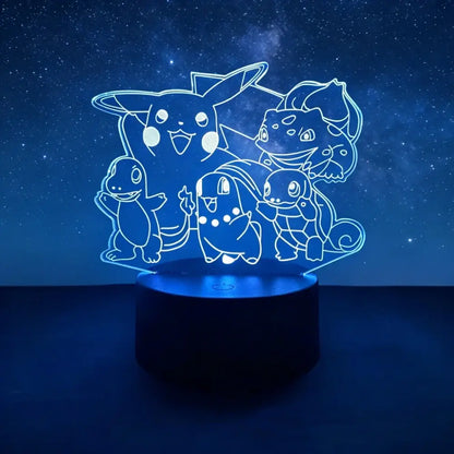 Pokemon pikachu 3d led lamp night light with blue glowing laser-engraved acrylic featuring pikachu and other pokémon characters