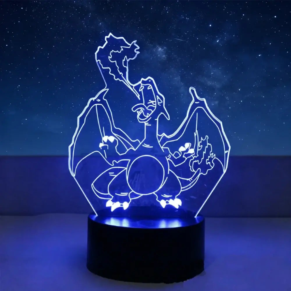 Pokemon pikachu 3d led lamp featuring a blue-lit charizard outline with touch button, remote controller, and usb cable