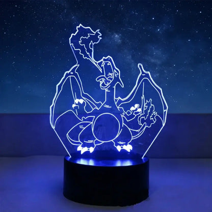Pokemon pikachu 3d led lamp featuring a blue-lit charizard outline with touch button, remote controller, and usb cable