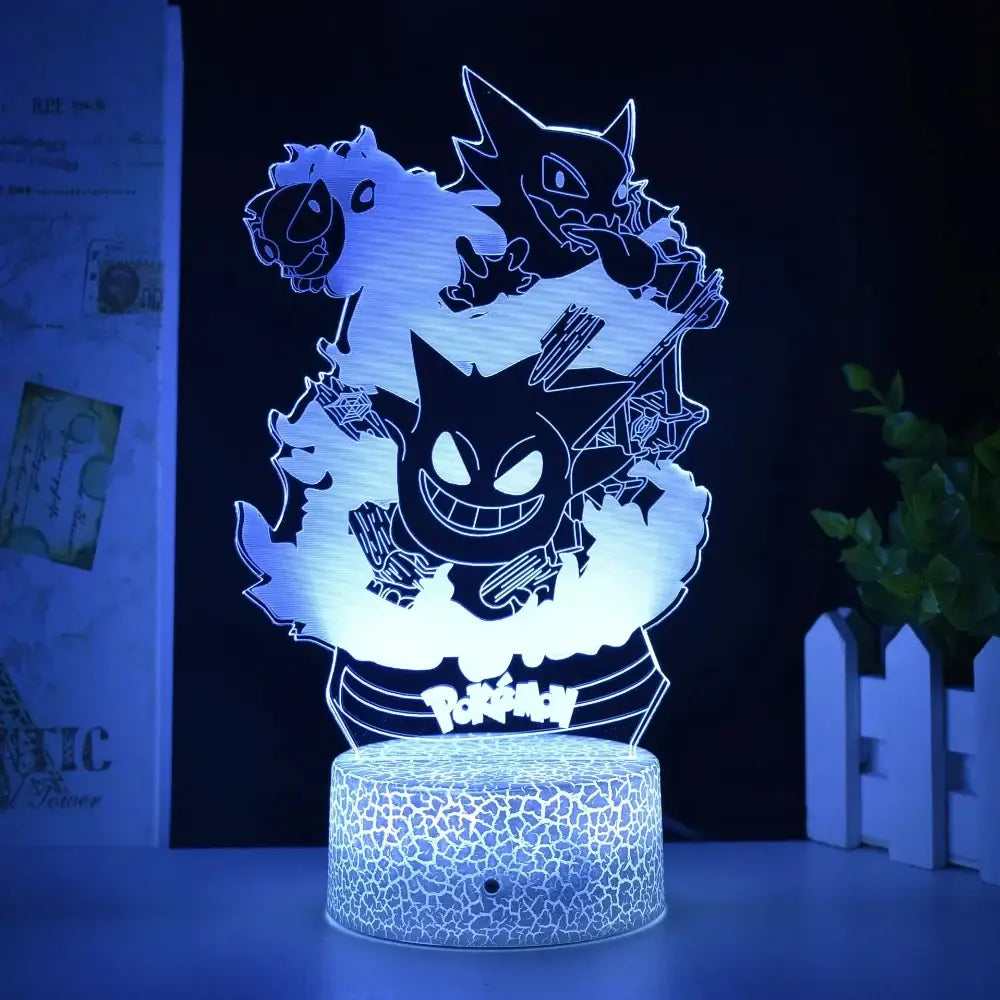 Blue-lit pokemon 3d night light featuring gengar haunter gastly in laser-engraved acrylic with pokeball base logo