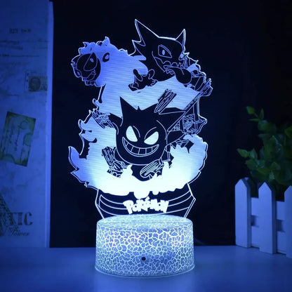 Blue-lit pokemon 3d night light featuring gengar haunter gastly in laser-engraved acrylic with pokeball base logo