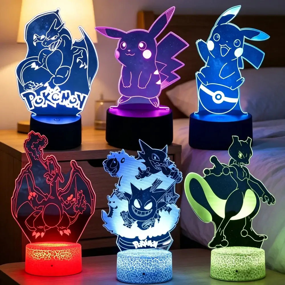 A collection of colorful 3d pokémon pikachu led night lights with glowing bases featuring touch button and remote controller