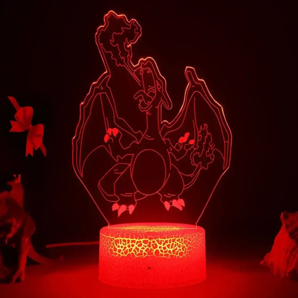 Red glowing 3d led charizard lamp pokemon pikachu anime night light with remote controller touch button and usb cable