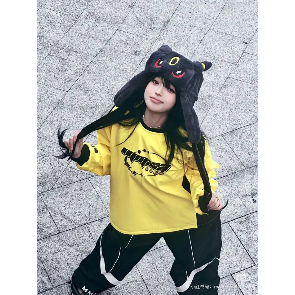 Black plush pokemon pikachu airbag hat with pinch ears red eyes and yellow markings perfect christmas gifts