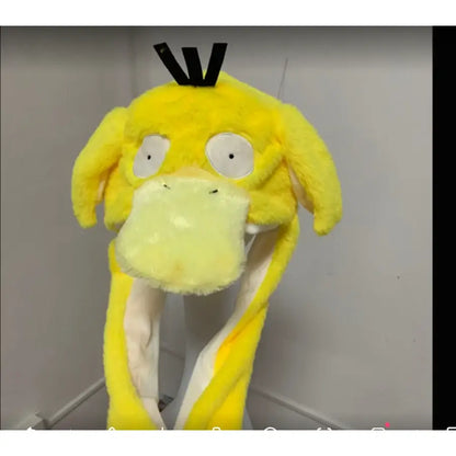 A plush yellow Pokemon pikachu airbag hat with pinch ears black antennae and white face for winter warm use