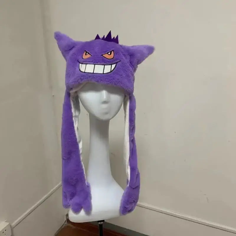 Purple plush gengar airbag hat with long ear flaps embroidered orange eyes and white teeth perfect christmas gifts pinch ears