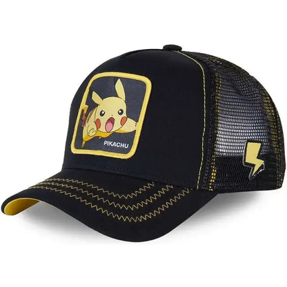 Black trucker-style baseball cap with yellow Pikachu patch and lightning bolt accents embroidered design