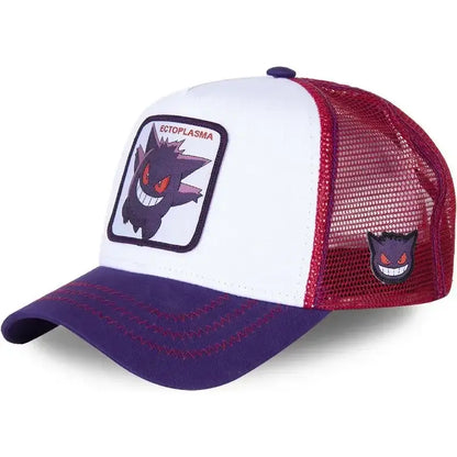 White and purple trucker baseball cap with red mesh back and embroidered ectoplasm pokémon patch on front
