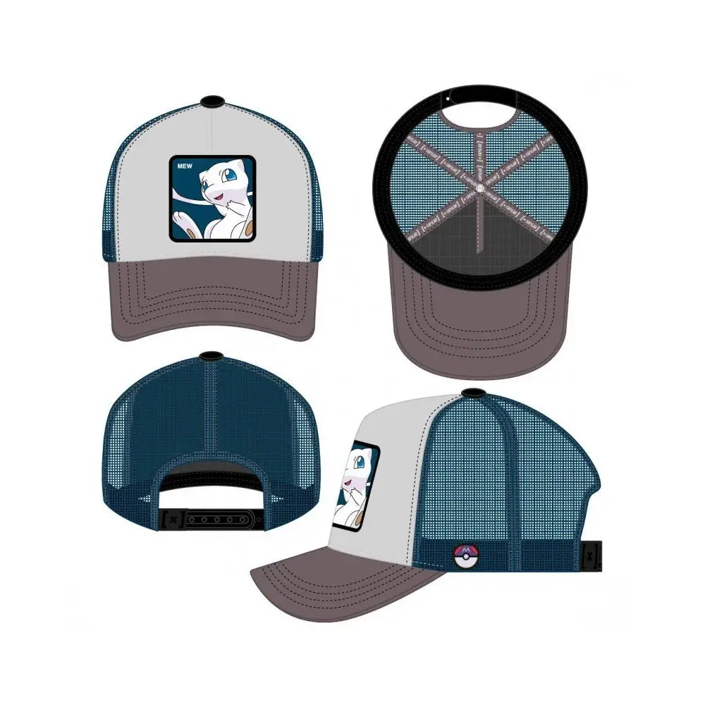 Gray and navy blue baseball cap with white embroidered mew pokemon patch front design for casual wear