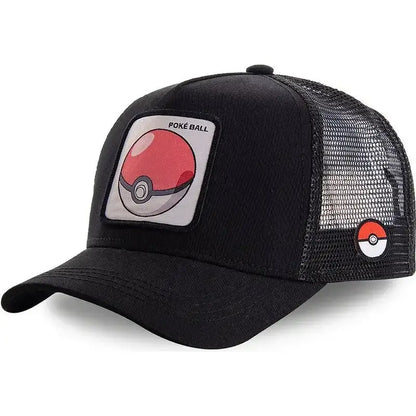 Black trucker-style baseball cap with red and white poké ball patch front and matching side emblem embroidered design