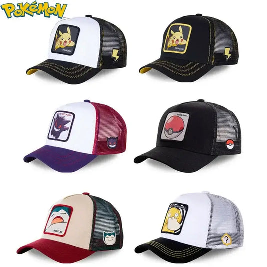 Pokemon pikachu baseball cap featuring embroidered character patches and mesh back panels in various colors