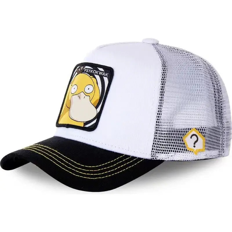 White and black trucker baseball cap with a yellow embroidered psyduck patch front for pokemon fans