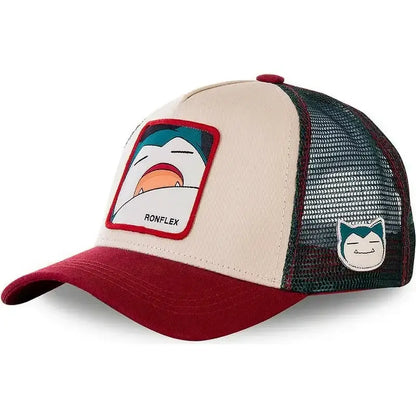 Beige and maroon trucker baseball cap with embroidered snorlax patch and ronflex brand name for casual wear