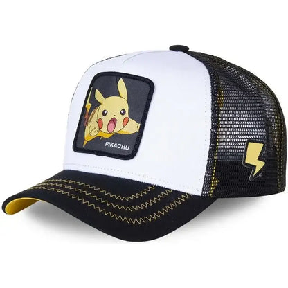 White and black baseball cap featuring a yellow embroidered pikachu patch with lightning bolt accents