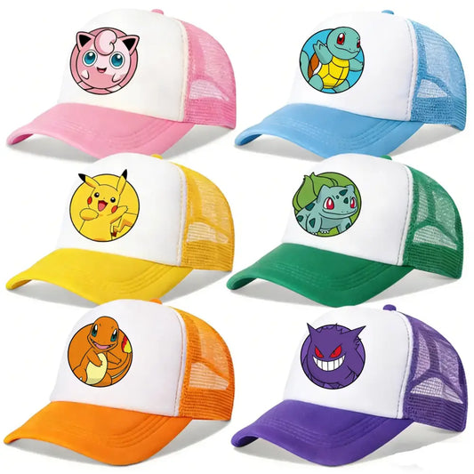 Colorful mesh trucker baseball cap featuring pokémon cartoon characters pikachu for kids and adults