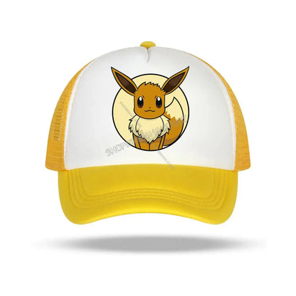 Yellow and white baseball cap featuring a circular eevee graphic from pokémon cartoon for kids and adults