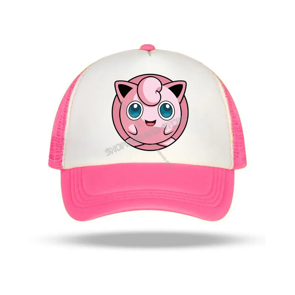 Pink and white mesh trucker baseball cap featuring a pokémon cartoon jigglypuff design for kids and adults