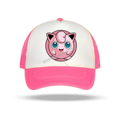 Pink and white mesh trucker baseball cap featuring a pokémon cartoon jigglypuff design for kids and adults